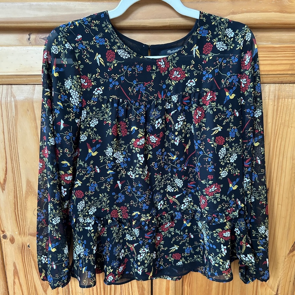 Madewell Top Sheer Sleeve Ruffle Peplum Blouse Finch Floral Women's size Small